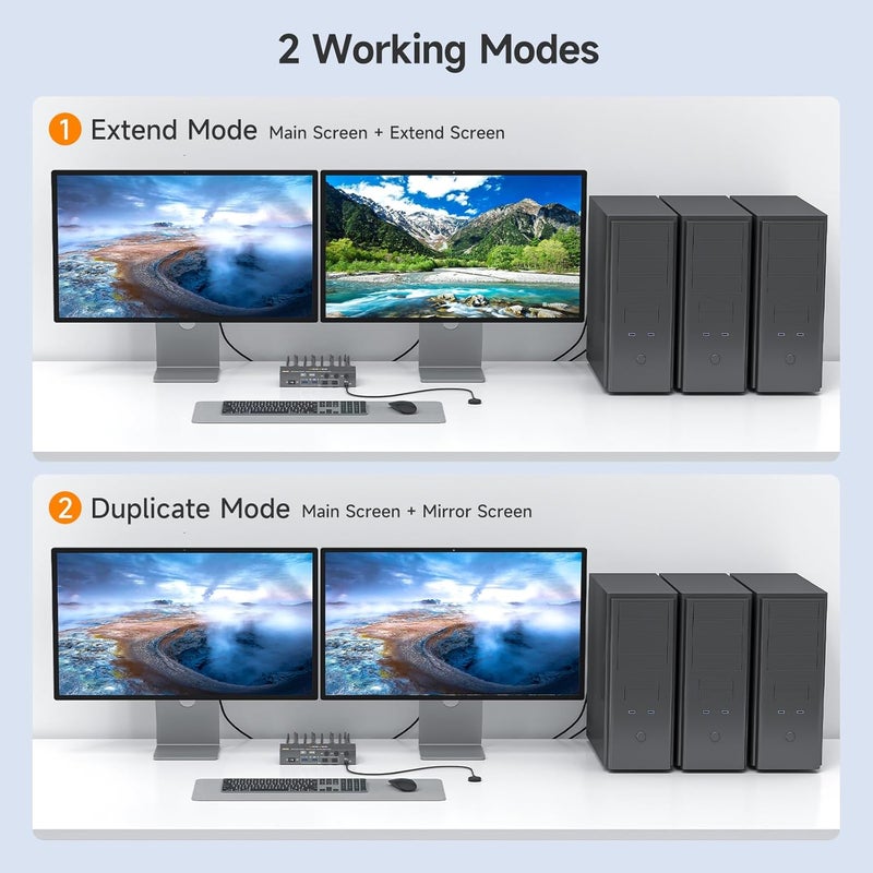 AOOCOO مفتاح KVM لشاشتين 3 حواسيب 8K@60Hz/4K144Hz، DP+HDMI مفاتيح KVM لشاشتين مع 4 منافذ USB 3.0، جهاز تحكم سلكي، كابلات USB 3.0 مشمولة (8K 3 PC 2 Monitor KVM) - Image 3
